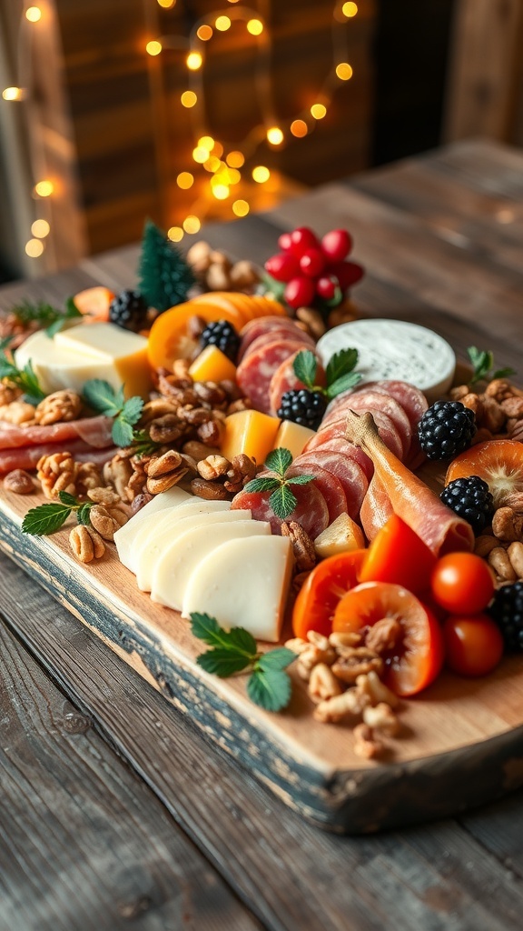 Festive Christmas Charcuterie Board Guide A festive charcuterie board with meats, cheeses, fruits, and nuts, decorated for Christmas.